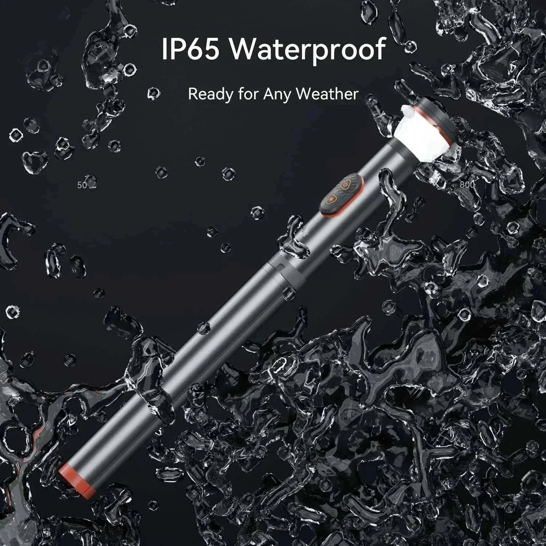 IP65 waterproof multi-functional camping light with adjustable aluminum tripod and LED flashlight in water splash environment