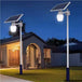 Solar-powered outdoor lights illuminating a yard with modern design.