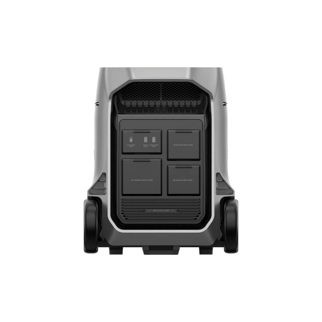 EcoFlow DELTA Pro portable power station front view with multiple ports and wheels
