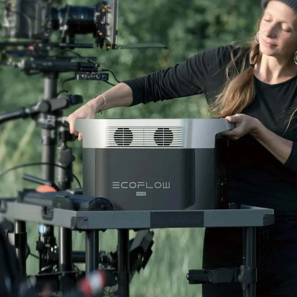 EcoFlow DELTA MAX portable power station in outdoor filming setup with woman operating it
