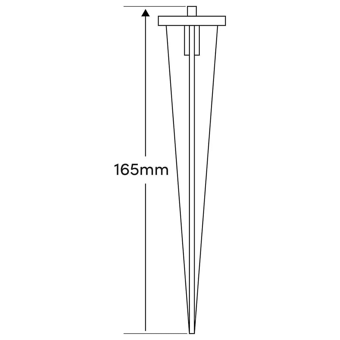 Diagram of solar path light stake measuring 165mm length for outdoor garden lighting installation