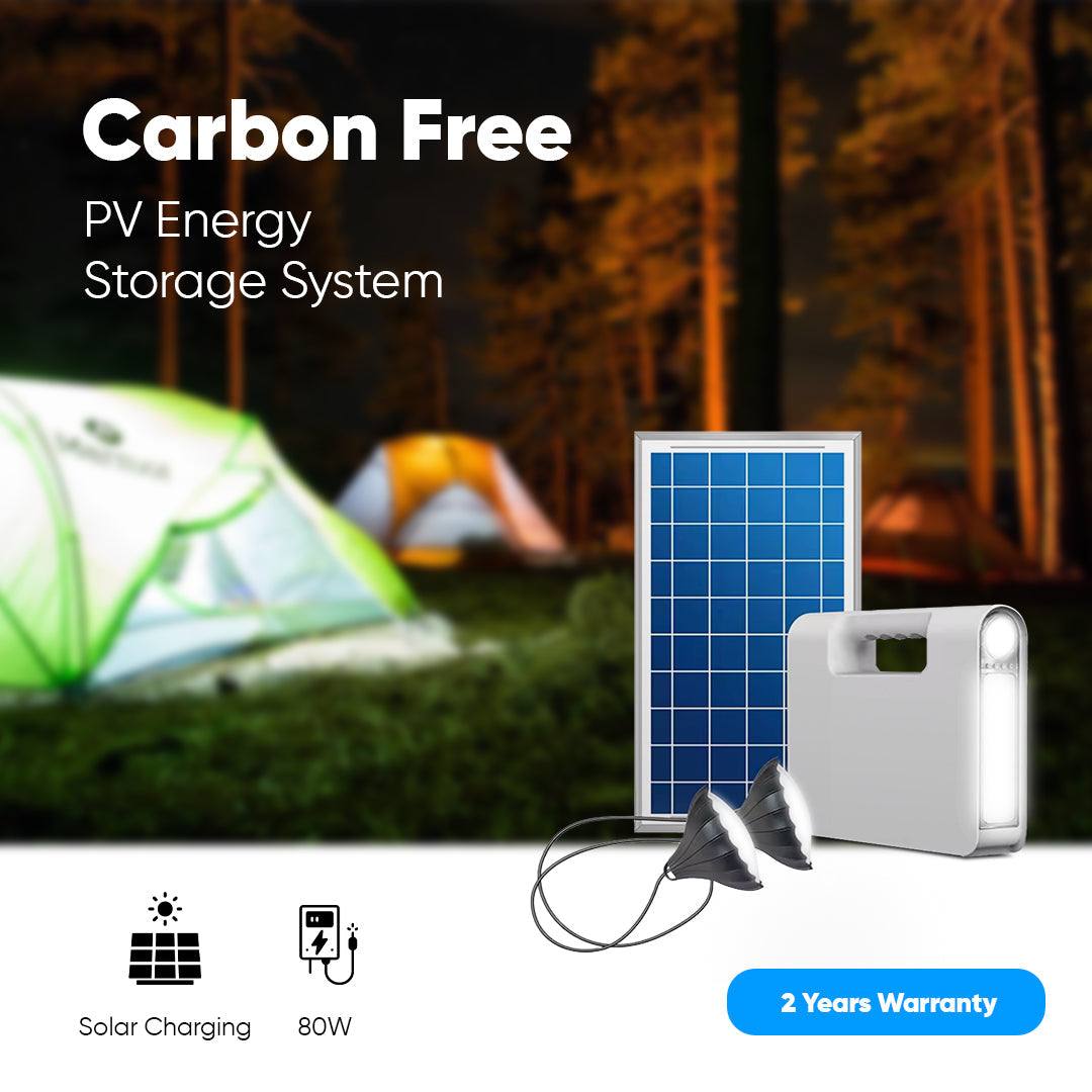 Solar rechargeable emergency lantern with power storage, ideal for camping and outdoor use, featuring solar charging and 80W power storage, with a 2-year warranty.
