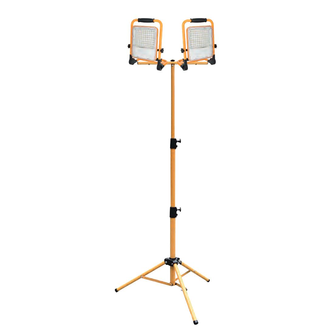 Solar Work Light with dual adjustable heads, tripod stand, and solar panel.