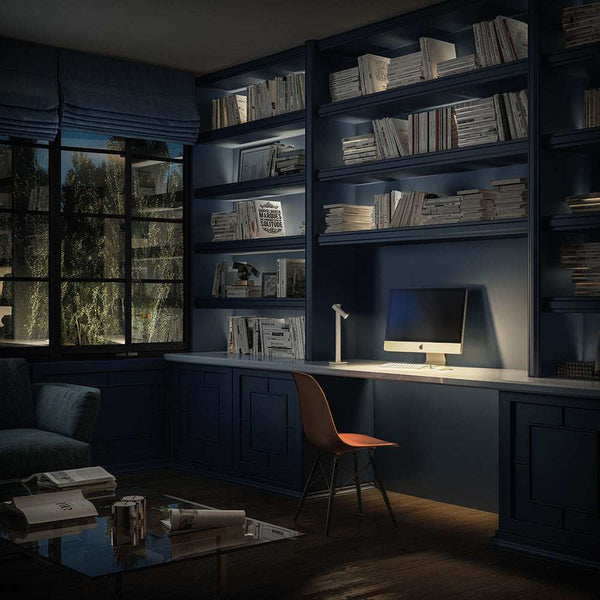 Zoom Desk cordless rechargeable LED lamp illuminating a modern study workspace at night